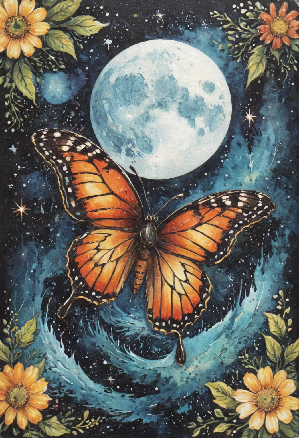 symmetric, balanced, monarch butterfly at the center of the moon surrounded by a frame of zinnia flowers, dark amber and gray colors, ephemeral patterns, witchcore aesthetics, cloisonnism, eleanor vere boyle, Ivan Bilibin Style page, lks73zb1, Inkdrawing, by Kr355e