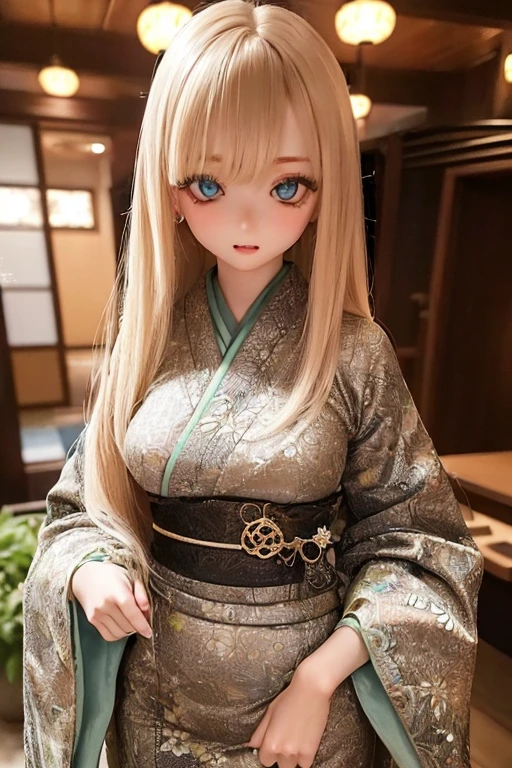 photorealistic, realistic photo, ((highest quality)), ((masterpiece)), detailed, kukolnydom, doll, (mature woman, 22yo, 22 years old:1.6), solo, ((cowboy shot, standing, hands on stomach, skinny, slender, slim, parted lips, kanzashi)), green eyes, black hair, long hair, (looking at another, blank eyes, empty eyes, detailed eyes, detailed face:1.3), kimono, Japanese garden, 8k