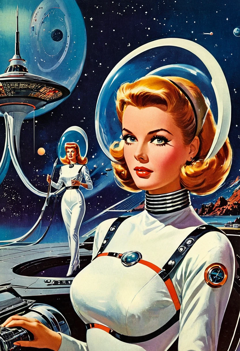 Retro futuristic, ((retro futurism)), ((Science fiction)), 1950s, (((1960s))), 1970s, (alien women),