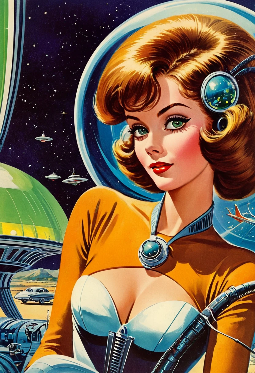 Retro futuristic, ((retro futurism)), ((Science fiction)), 1950s, (((1960s))), 1970s, (alien women),