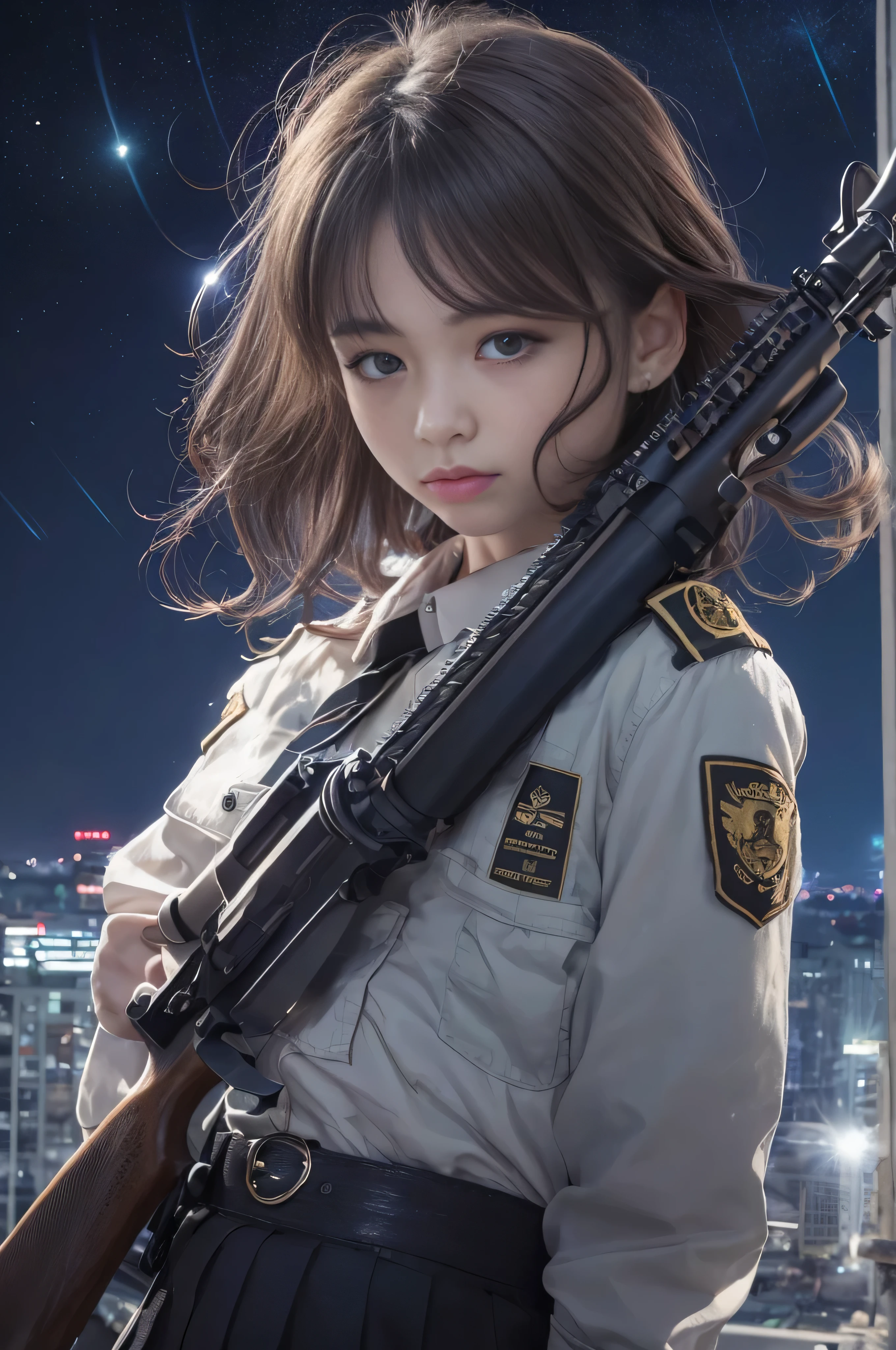 (Raw quality:1.4), 1 female、(so beautiful)、(Beautiful Face:1.5)、(Detailed face)、Are standing、(High School Uniform)、Dark blue jacket、White shirt、tie、Checked mini skirt、Brown Hair、(Heavy makeup)、(Hold the rifle)、(Point your rifle:1.5)、H&In the case of hK416、(On the roof of a high-rise building), night, Starry Sky, milky way,