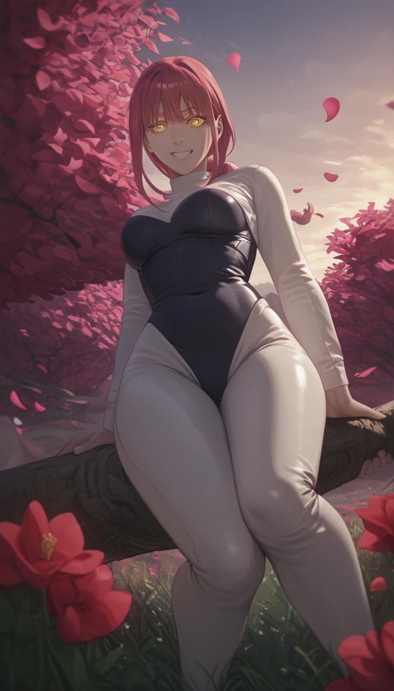 score_9, score_8_up, score_7_up, score_6_up, uncensored, Makima, maroon hair, braided ponytail, ringed eyes, yellow eyes, naughty face, shiny skin, sweating, BREAK (masterpiece:1.2), best quality, high resolution, unity 8k wallpaper, (illustration:0.8), (detailed eyes:1.3), perfect lighting, extremely detailed CG, (perfect hands, perfect anatomy), hearts, pleasured, Expressiveh, clenched teeth, looking at viewer, modern decor, cozy atmosphere, relaxing vibes, urban backdrop, dreamy ambiance, large breast, 1girl, solo, holding staff, staff, bodysuit, skintightsuit, field, cloudy sky, bokeh, falling petals, spotlight,