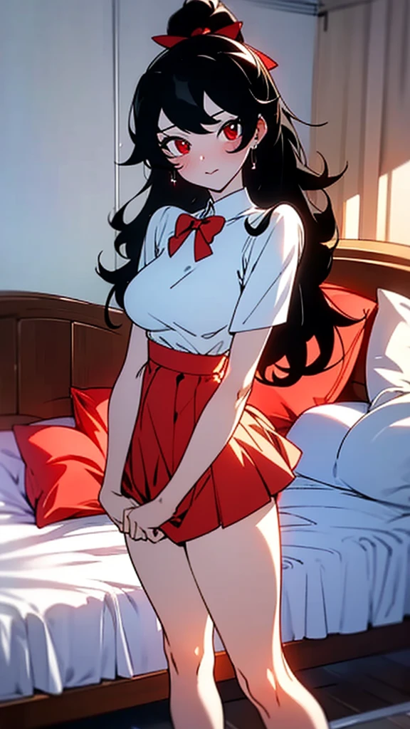 wavy black hair, piercing look with deep red eyes, average stature, Silky hair with a ponytail hairstyle collected with a red bow with two white lines, standing next to his bed , has a vagina, has breasts,NSFW, poses perverteds, lustful look, perverted, wearing a top, wearing a mini skirt, showing my ass to the camera, transparent lingerie panties , body