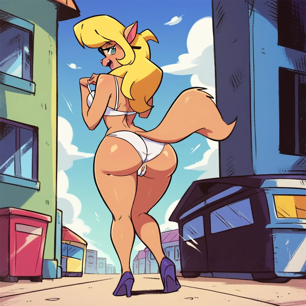 Callie briggs, 1girl solo, outdoors, beachfront, looking at viewer, rear view, standing, huge butt, head turned to viewer, legs, white bra, thicc thighs, nervous dancing, embarrassed, bottomless, vagina, bare butt, no bottom, bikini bottom on ground, wardrobe malfunction