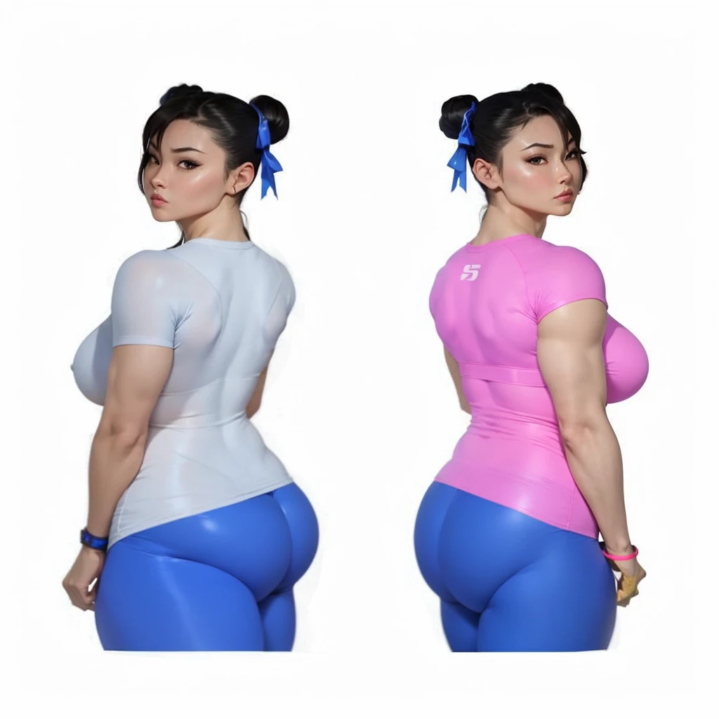 SF6 Chun-Li pose with both hand on hips booty at camera flaunting wearing Royal Blue shirt and thin grey Leggings thats the a exact same material as nitrile butadiene rubber gloves Thighs Buttocks Streetfighter Buruma Gravure shirt Japanese gym shoes pantyline