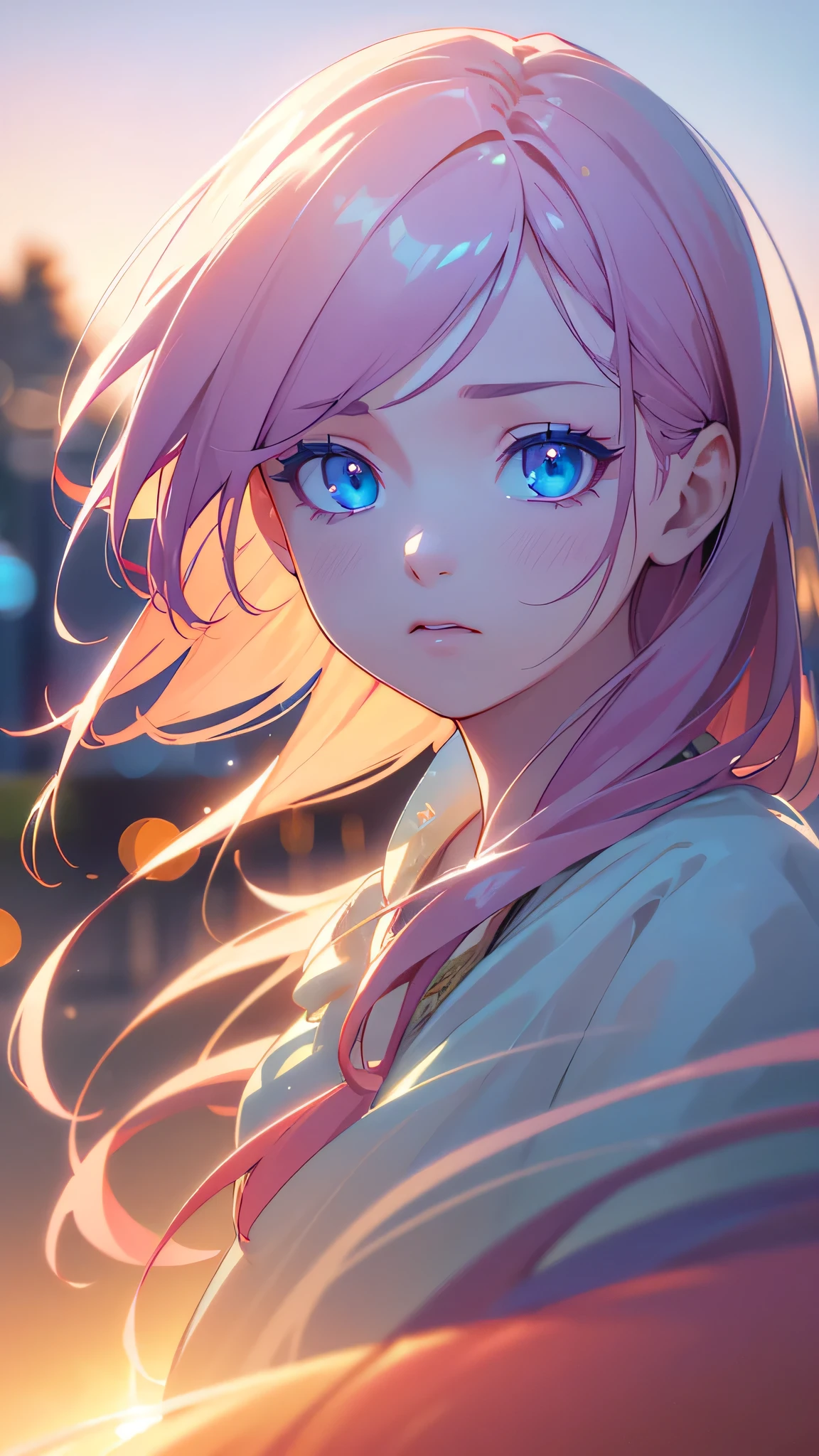 a beautiful detailed girl walking towards the viewer, dramatic expression, sunset-colored hair, light blue eyes, glass-like eyes, showing her palms, bokeh effect, dynamic, (best quality,4k,8k,highres,masterpiece:1.2),ultra-detailed,(realistic,photorealistic,photo-realistic:1.37),vivid colors,studio lighting,portrait