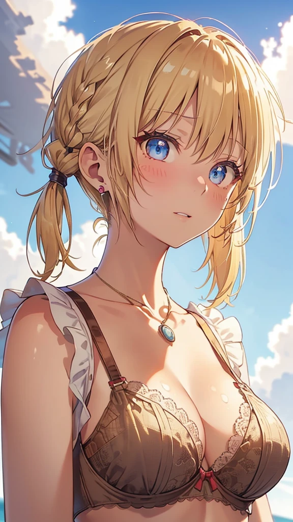 Absurd, Very detailed,Bright colors, Very beautiful and detailed anime faces and eyes, Look straight, ;d, Shiny_skin,Age 25, short hair, , Asymmetrical bangs, (Blonde short twin tails:1.4),(I wear clothes:1.7),(Bra very:1.4),Shiny hair, Delicate and beautiful face,(surprised:1.7) ,blush,Sweat,blue eyes, White skin, Valletta, Earrings, necklace,(Brown sleeveless:1.2), Beautiful Clouds, Twilight Sky,