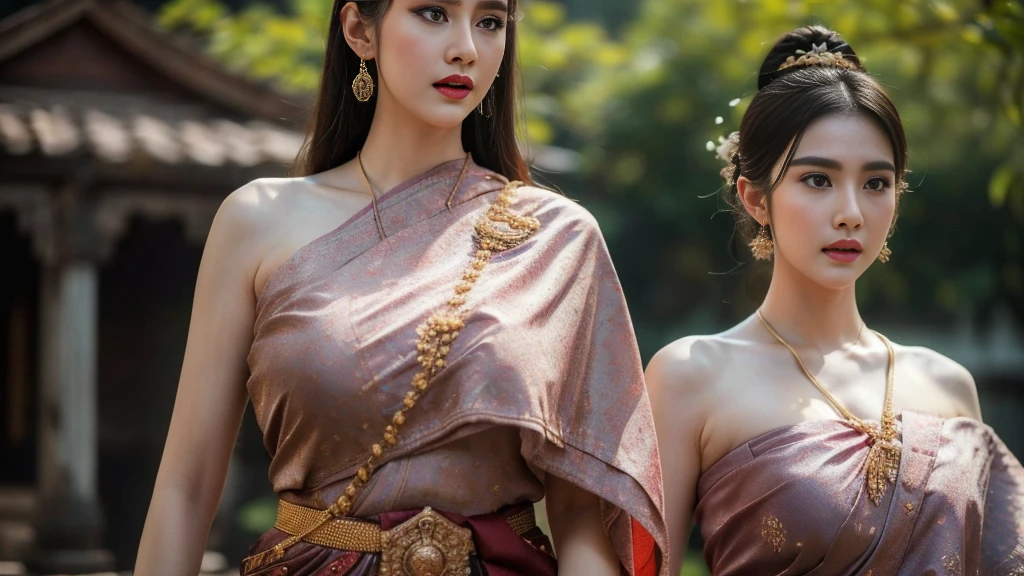 (raw photos:1.2), (realistic:1.4), (Masterpiece:1.3), (best quality:1.4), Ultra high resolution, (Detailed eyes), (Detailed facial features), (Detailed clothing features), HDR, 8k resolution, Focus only, Dressing according to Thai tradition, Traditional shawl , 1 woman , big breasts, A gigantic rift, big breastsดันเสื้อผ้า, big breast, The breasts are fully grown.., Make your breasts bigger.., small waist, Long legs, Facing the audience, full body, depth of field, Cinema-grade lighting system, big breasts, Too big for your body, Holding an ancient Thai sword, battlefield
