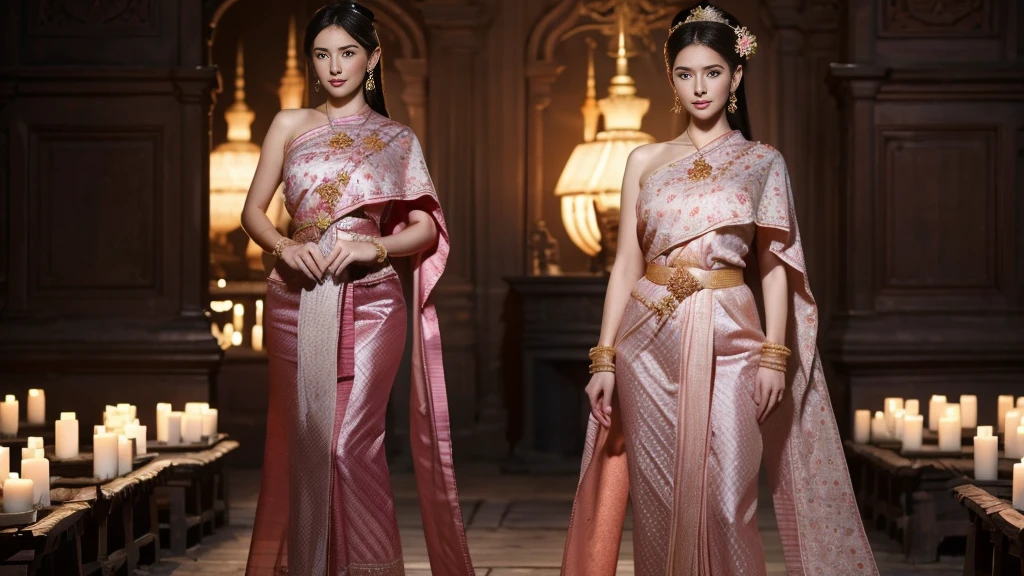 (raw photos:1.2), (realistic:1.4), (Masterpiece:1.3), (best quality:1.4), Ultra high resolution, (Detailed eyes), (Detailed facial features), (Detailed clothing features), HDR, 8k resolution, Focus only, Dressing according to Thai tradition, Traditional shawl , 1 woman , big breasts, A gigantic rift, big breastsดันเสื้อผ้า, big breast, The breasts are fully grown.., Make your breasts bigger.., small waist, Long legs, Facing the audience, full body, depth of field, Cinema-grade lighting system, big breasts,  Too big for your body, Holding an ancient Thai sword, battlefield
