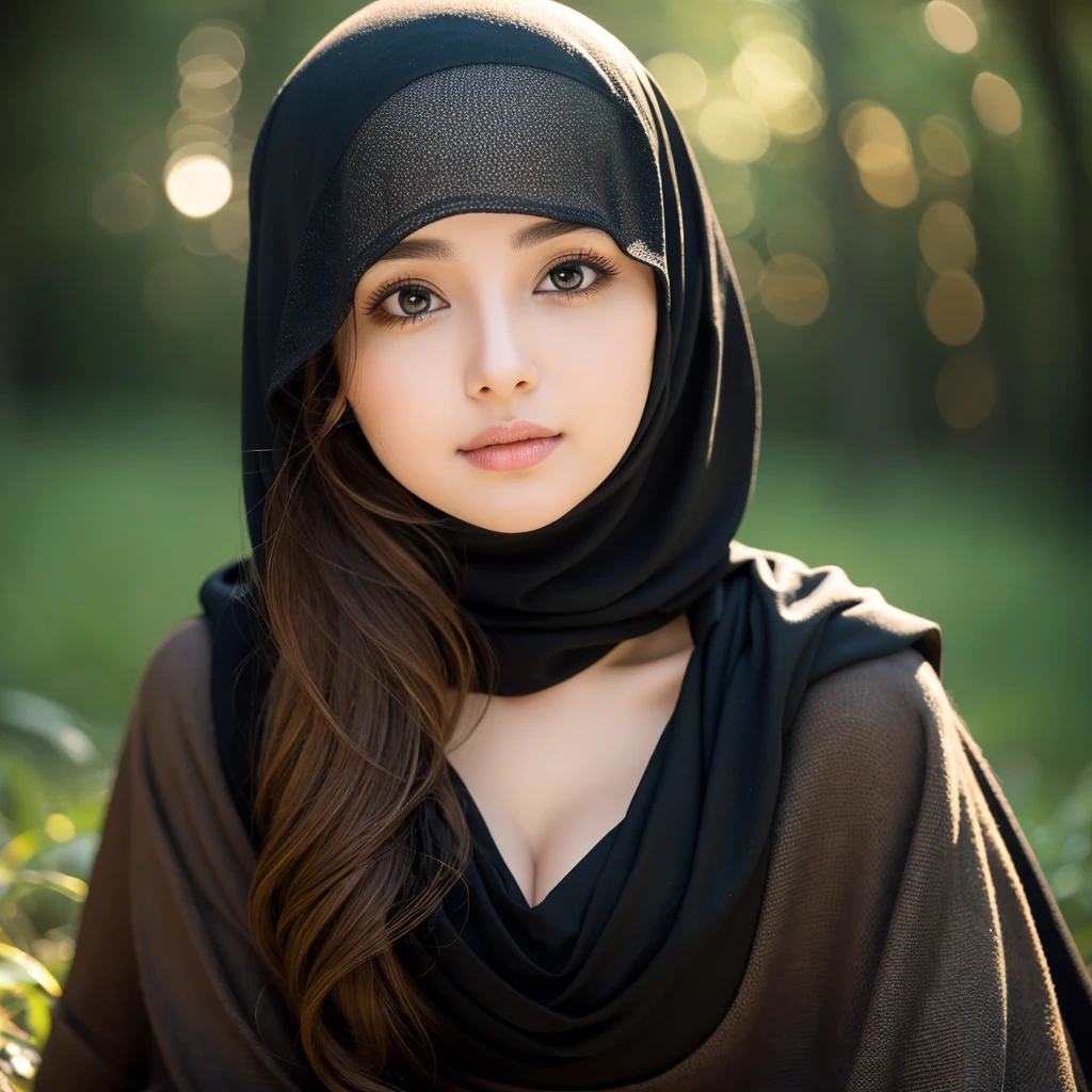 beautiful detailed eyes, beautiful detailed lips, extremely detailed eyes and face, long eyelashes, beautiful islamic woman, photoshoot pose, head to thigh body, moonlit night, night time, winter, walking on forest path, cute, big eyes, iconic, photorealistic, detailed background, slightly thick full body, big breasts, breast nipples detailed hidden, small panties, sexy black burkha, long wavy hair, cleavage, symmetric face, masterpiece, 8k, ultra realistic, image for profile, face covered by burkha, only eyes visible, image in square, girl sitting on her knees
