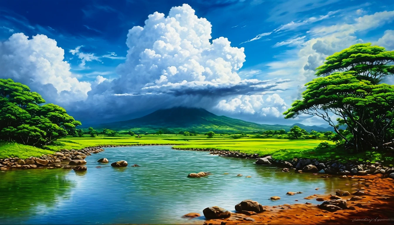 Landscape Cloudy sky (Painting style), reality, Extremely realistic, Pay attention to every detail, reality ngoạn mục, High contrast realism, Highly saturated realism, Vivid colors, Impressive lighting, Attractive scenery, Tell a convincing story, The scene has atmosphere, Attractive images,