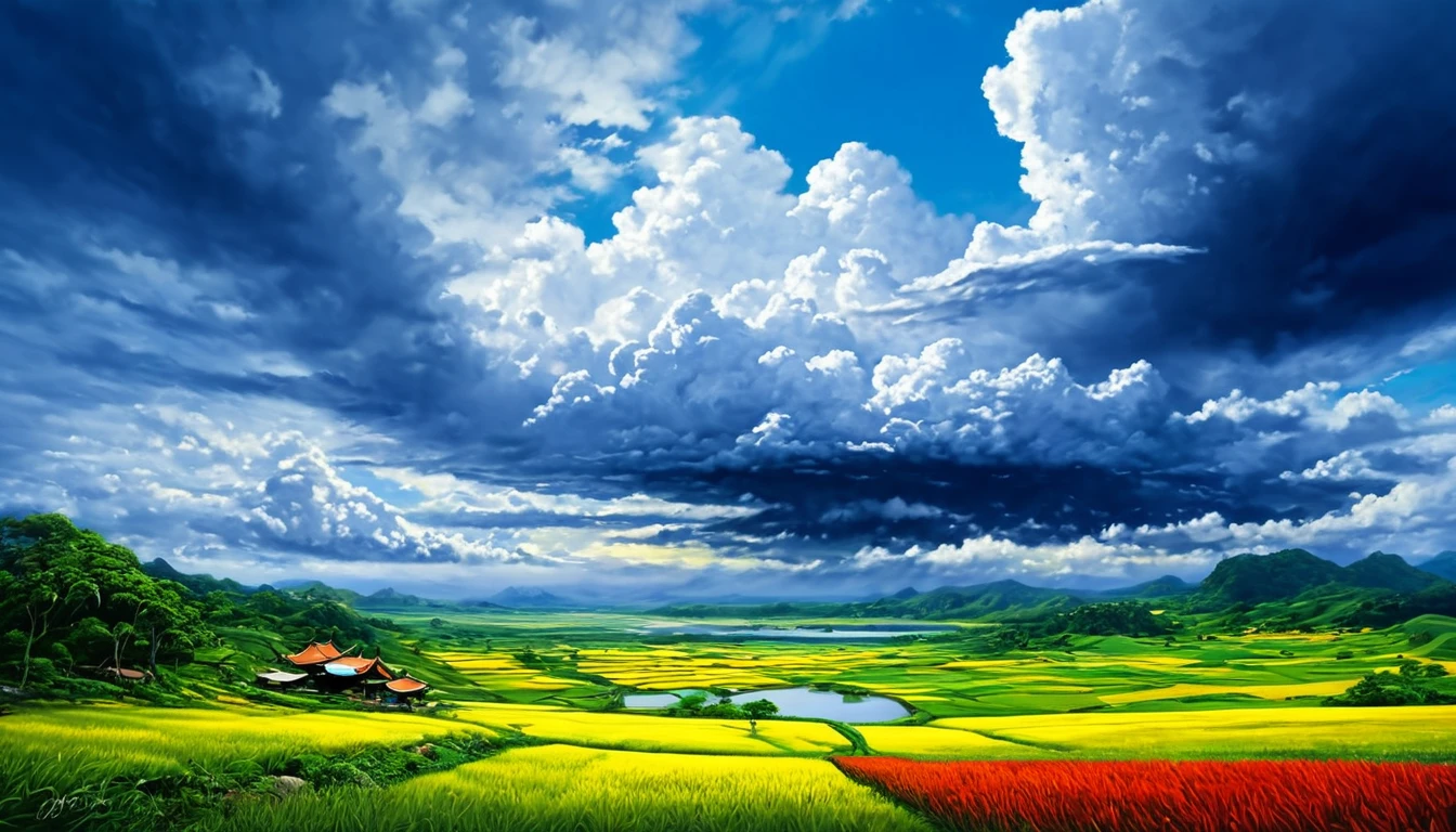 Landscape Cloudy sky (Painting style), reality, Extremely realistic, Pay attention to every detail, reality ngoạn mục, High contrast realism, Highly saturated realism, Vivid colors, Impressive lighting, Attractive scenery, Tell a convincing story, The scene has atmosphere, Attractive images,