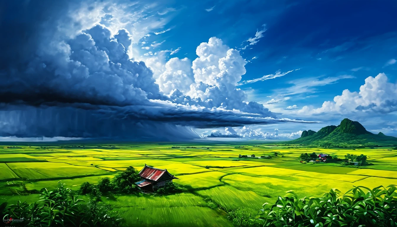 Landscape Cloudy sky (Painting style), reality, Extremely realistic, Pay attention to every detail, reality ngoạn mục, High contrast realism, Highly saturated realism, Vivid colors, Impressive lighting, Attractive scenery, Tell a convincing story, The scene has atmosphere, Attractive images,