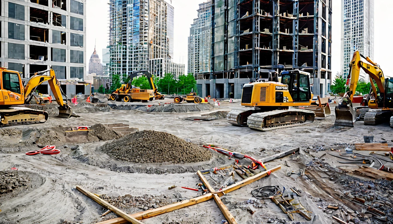 first person view, facing a vacant lot, large skyscraper being built, various construction equipment