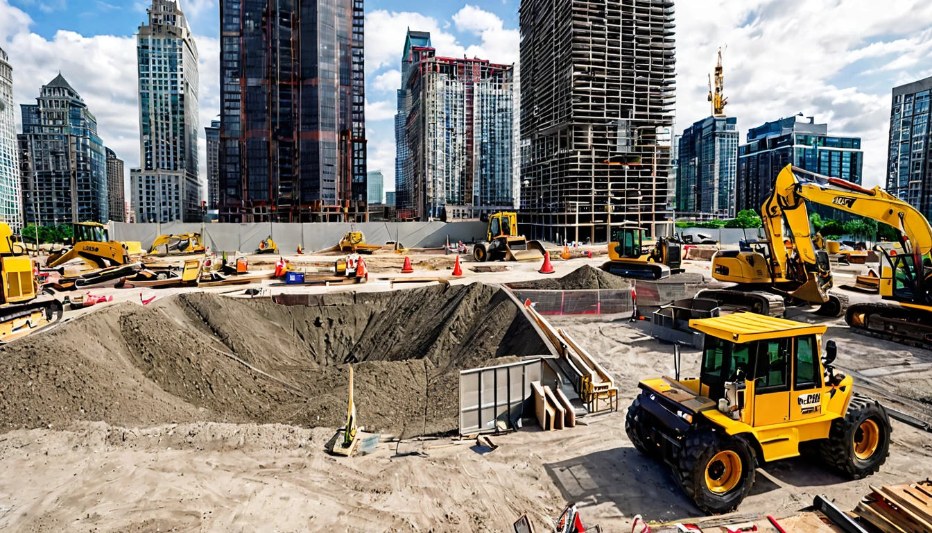 first person view, facing a vacant lot, large skyscraper being built, various construction equipment