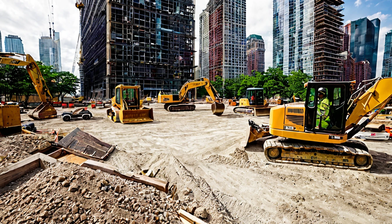 first person view, facing a vacant lot, large skyscraper being built, various construction equipment