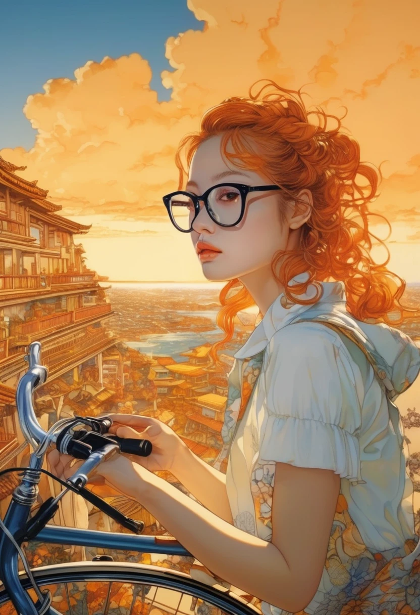 artwork:Katsuya Terada
8k, High resolution, A complex and intricate masterpiece, (Summer vacation:1.2), (Girl with glasses riding a bicycle:1.1), thin frame glasses、transparent, Glowing black eyes, Bicycle and brown eyeball, Medium Shot, Orange Hair, Organic Shapes, Hard Edge, Anatomically correct body,  Ultra-realistic, Bicycle elegant,Cinema Lighting, Very detailed, Vibrant colors, Octane Rendered Cat, Surreal atmosphere, Award-winning works, Bright and rich colors, iridescent accents, Dramatic Shadows,Dynamic and atmospheric lighting, Anamorphic Lens, Sharp focus, 
An intricate and detailed masterpiece by Katsuya Terada, Katsuya Terada Style, Pop Surrealism, watercolor , Kanna Hashimoto