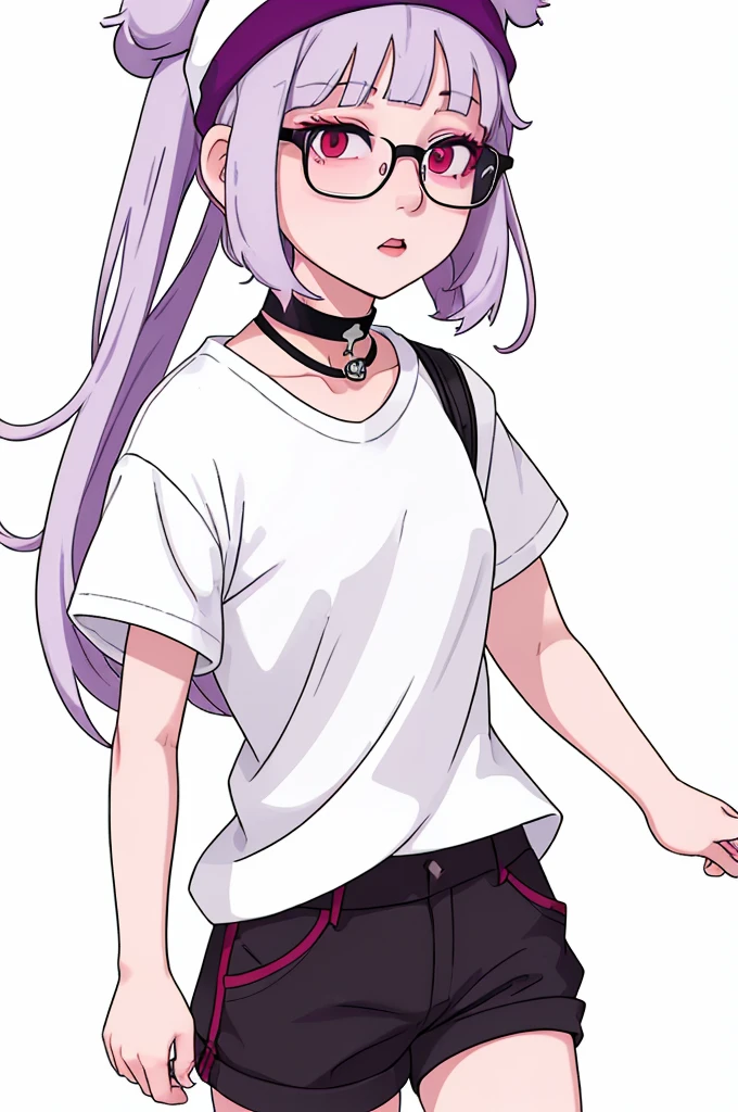 girl, white background, [white beanie], bangs, light purple hair, red eyes, glasses, [black t-shirt], choker, short pants