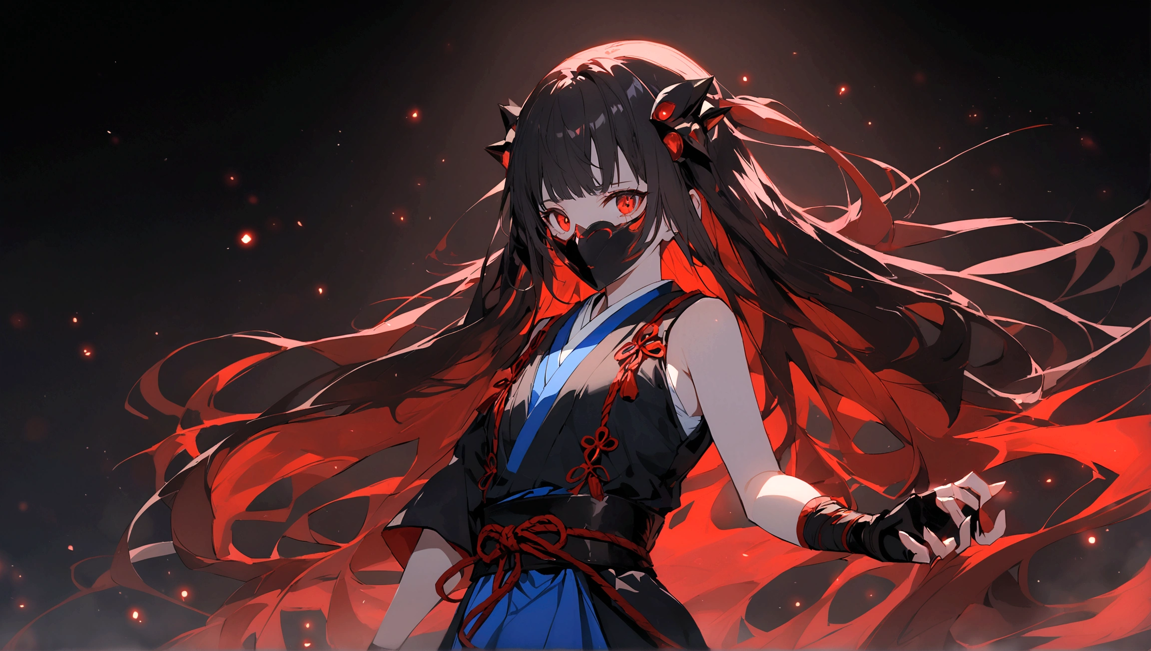 In the image, there is an anime character set against a dark background with red glowing particles. The character has striking red eyes that emit an intense glow. They are wearing a mask with a red upper part and a black lower part. Their hair is black with red highlights, parted into two sections with some strands falling over their face, and they have two metallic spikes as hair accessories on the right side. The character is dressed in traditional Japanese warrior attire, predominantly black and red with blue and white accents, featuring intricate patterns. A blue tie adorns the upper part of their right arm. They are holding a black sword with red highlights in their right hand, drawn from its scabbard. The overall appearance of the character exudes a sense of power and mystique.