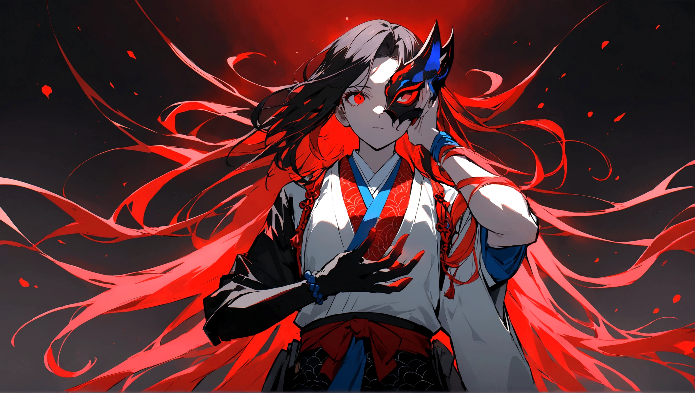 In the image, there is an anime character set against a dark background with red glowing particles. The character has striking red eyes that emit an intense glow. They are wearing a mask with a red upper part and a black lower part. Their hair is black with red highlights, parted into two sections with some strands falling over their face, and they have two metallic spikes as hair accessories on the right side. The character is dressed in traditional Japanese warrior attire, predominantly black and red with blue and white accents, featuring intricate patterns. A blue tie adorns the upper part of their right arm. They are holding a black sword with red highlights in their right hand, drawn from its scabbard. The overall appearance of the character exudes a sense of power and mystique.
