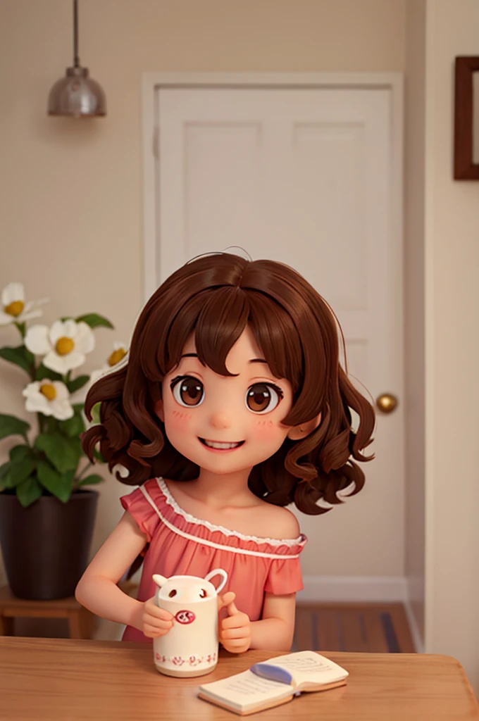 , , shoulder-length curly brown hair, bright brown eyes, happy and smiling, very smart.