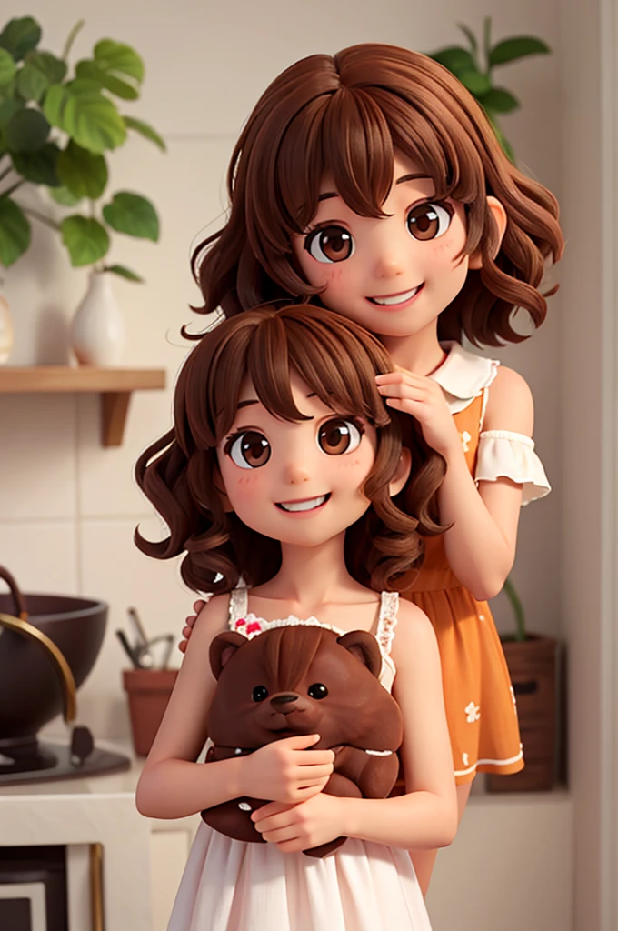 , 4 years old, shoulder-length curly brown hair, bright brown eyes, happy and smiling, very smart.