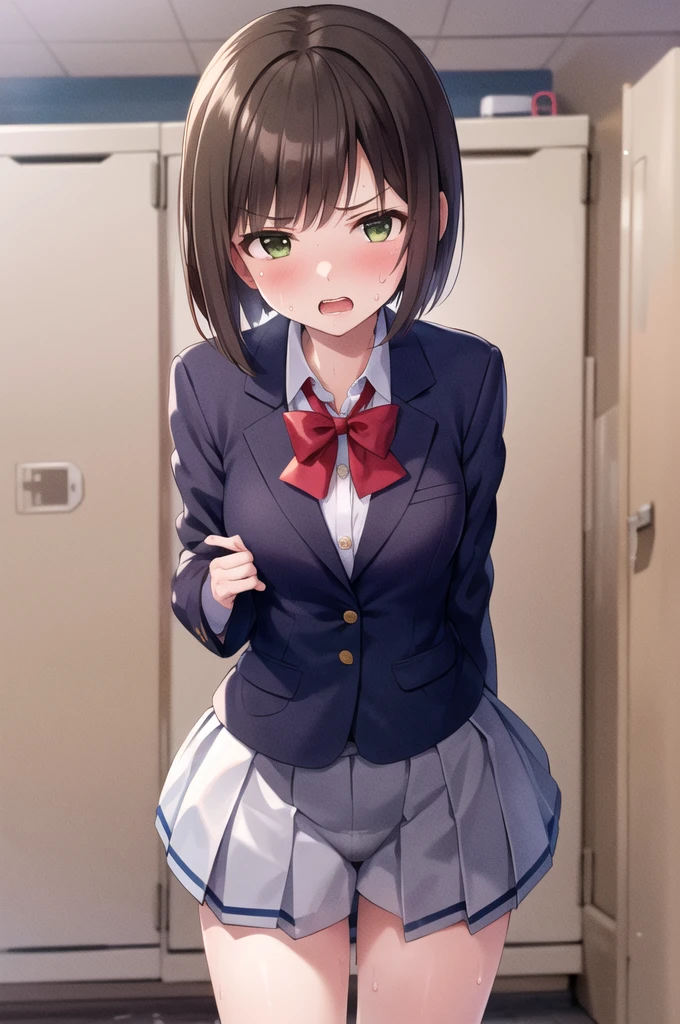 masterpiece, Highest quality, High resolution, MyMiku, short hair, teeth, , Red Bow, Collared shirt, Blue jacket, blazer, Long sleeve, Pleated skirt, Grey Skirt, Black knee socks, Cowboy Shot, anger, Are standing, locker room,Shirt open,Skirt flip,Panties in full view,Sweat