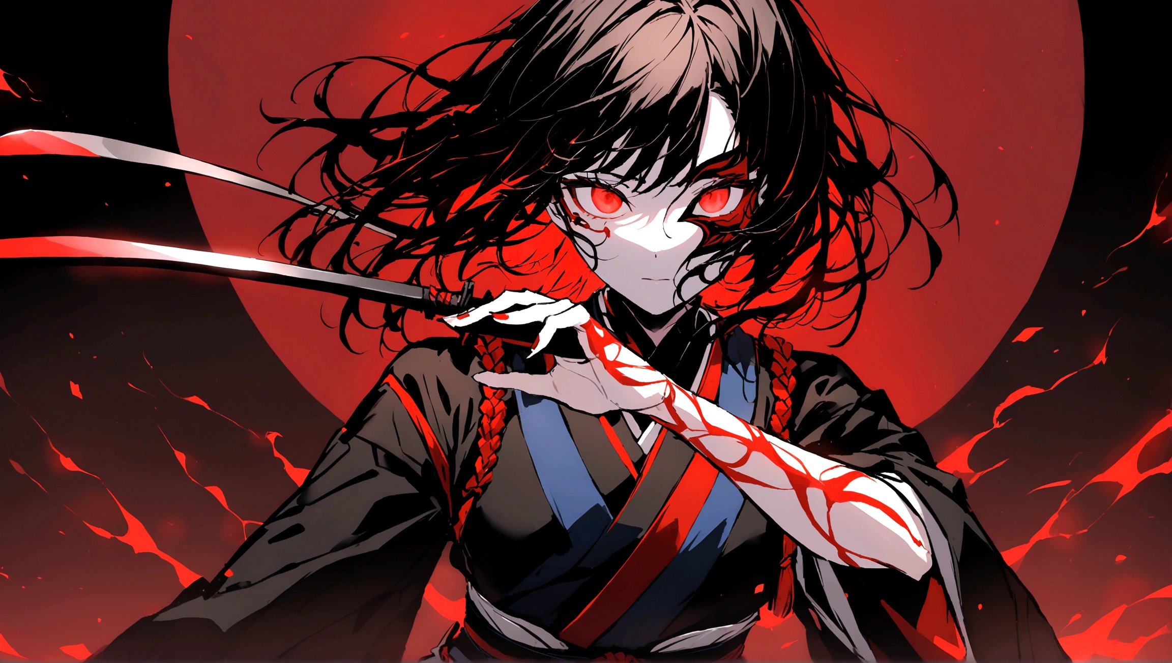 In the image, there is an anime character set against a dark background with red glowing particles. The character has striking red eyes that emit an intense glow. They are wearing a mask with a red upper part and a black lower part. Their hair is black with red highlights, parted into two sections with some strands falling over their face, and they have two metallic spikes as hair accessories on the right side. The character is dressed in traditional Japanese warrior attire, predominantly black and red with blue and white accents, featuring intricate patterns. A blue tie adorns the upper part of their right arm. They are holding a black sword with red highlights in their right hand, drawn from its scabbard. The overall appearance of the character exudes a sense of power and mystique.