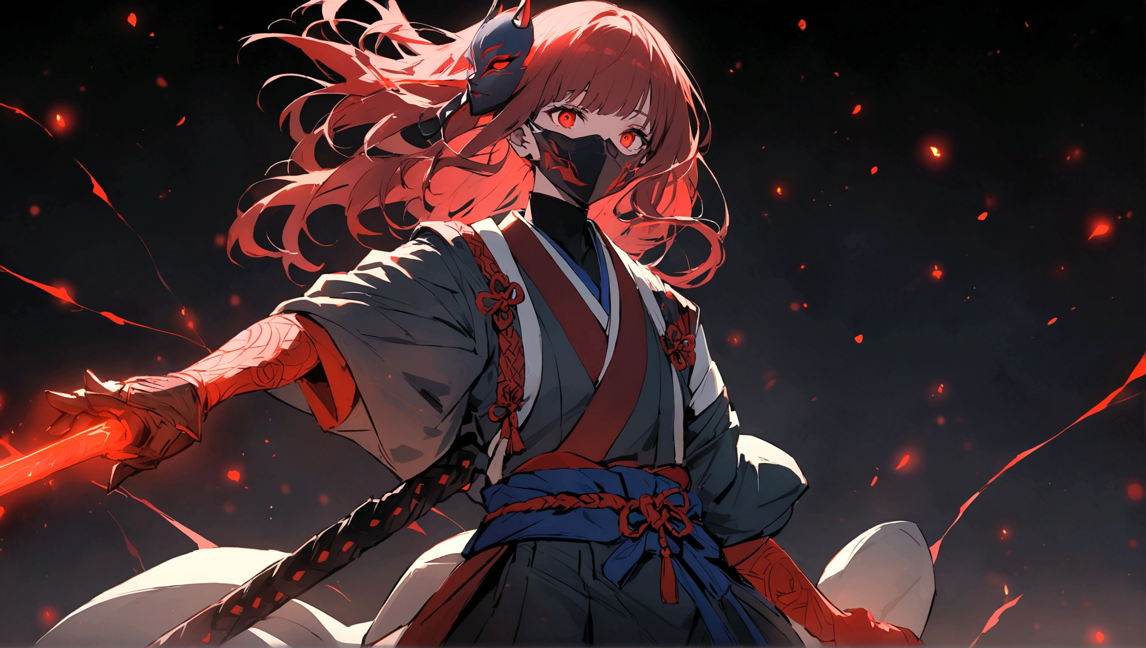 In the image, there is an anime character set against a dark background with red glowing particles. The character has striking red eyes that emit an intense glow. They are wearing a mask with a red upper part and a black lower part. Their hair is black with red highlights, parted into two sections with some strands falling over their face, and they have two metallic spikes as hair accessories on the right side. The character is dressed in traditional Japanese warrior attire, predominantly black and red with blue and white accents, featuring intricate patterns. A blue tie adorns the upper part of their right arm. They are holding a black sword with red highlights in their right hand, drawn from its scabbard. The overall appearance of the character exudes a sense of power and mystique.
