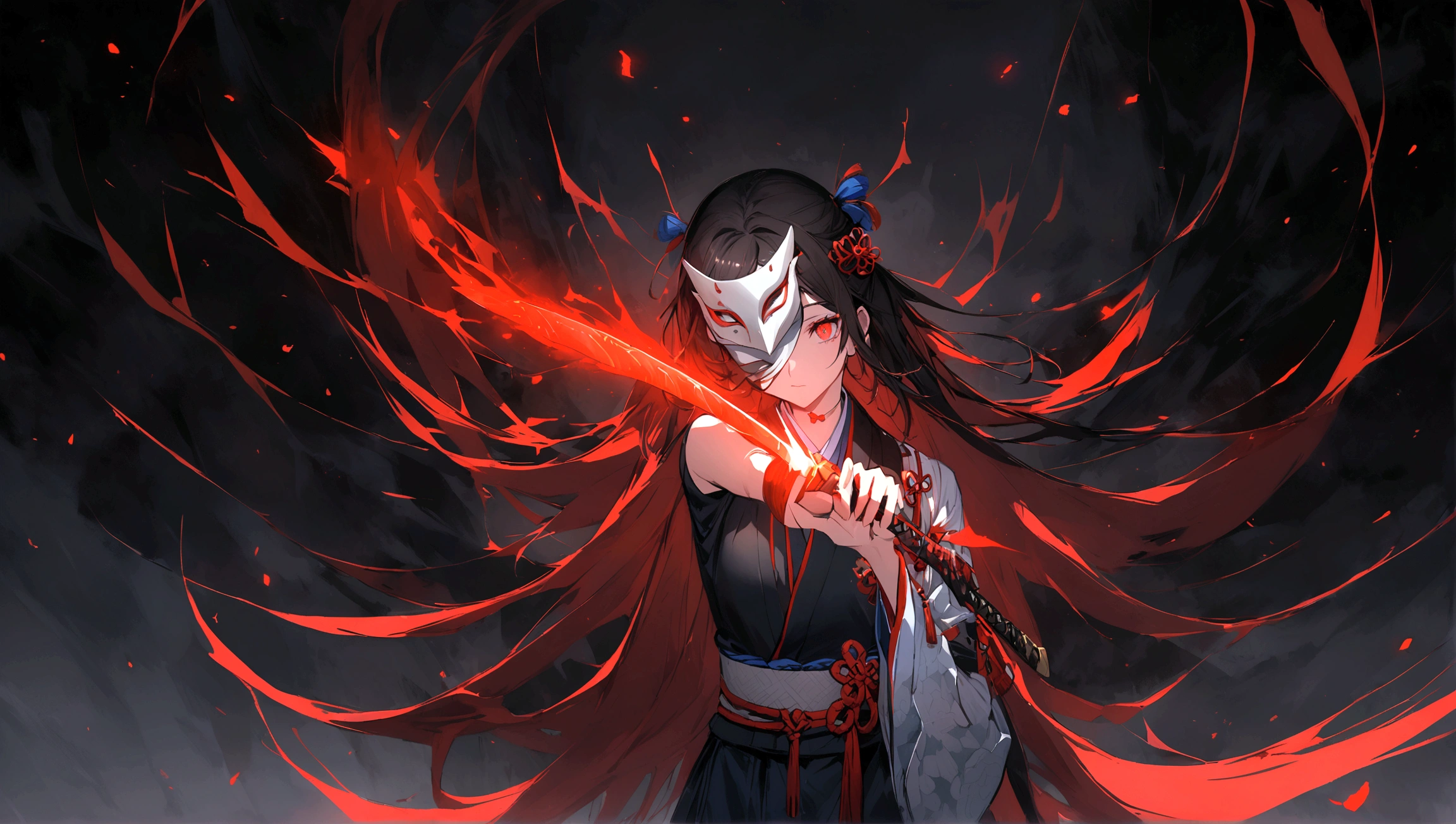 In the image, there is an anime character set against a dark background with red glowing particles. The character has striking red eyes that emit an intense glow. They are wearing a mask with a red upper part and a black lower part. Their hair is black with red highlights, parted into two sections with some strands falling over their face, and they have two metallic spikes as hair accessories on the right side. The character is dressed in traditional Japanese warrior attire, predominantly black and red with blue and white accents, featuring intricate patterns. A blue tie adorns the upper part of their right arm. They are holding a black sword with red highlights in their right hand, drawn from its scabbard. The overall appearance of the character exudes a sense of power and mystique.