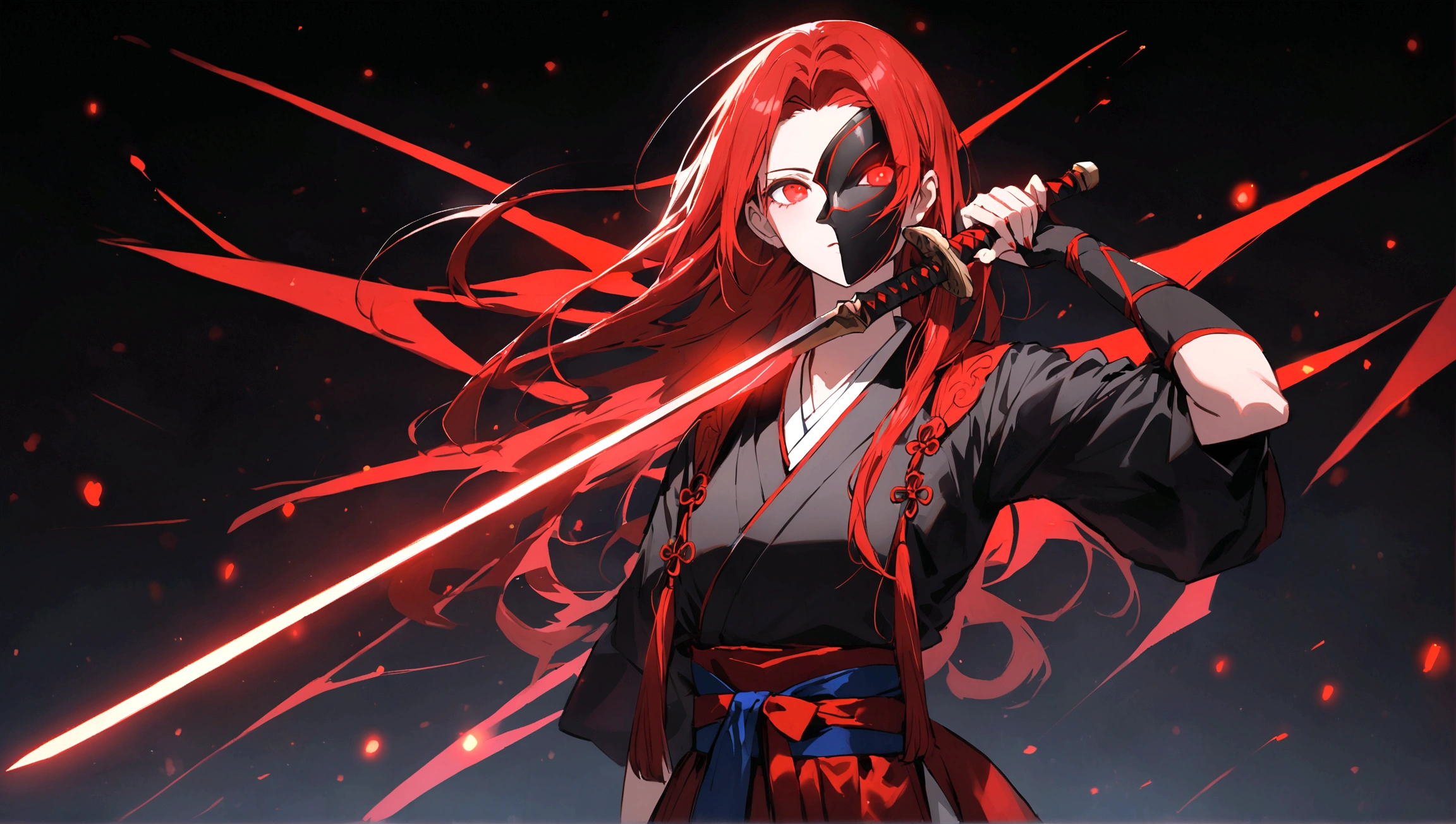 In the image, there is an anime character set against a dark background with red glowing particles. The character has striking red eyes that emit an intense glow. They are wearing a mask with a red upper part and a black lower part. Their hair is black with red highlights, parted into two sections with some strands falling over their face, and they have two metallic spikes as hair accessories on the right side. The character is dressed in traditional Japanese warrior attire, predominantly black and red with blue and white accents, featuring intricate patterns. A blue tie adorns the upper part of their right arm. They are holding a black sword with red highlights in their right hand, drawn from its scabbard. The overall appearance of the character exudes a sense of power and mystique.