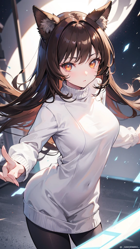 a beautiful brown-haired catgirl in a white sweater, dynamic pose, gravity-defying, glowing white eyes, photorealistic, highly detailed, cinematic lighting, intricate details, vibrant colors, award-winning digital art, masterpiece, 8K, hyper-realistic