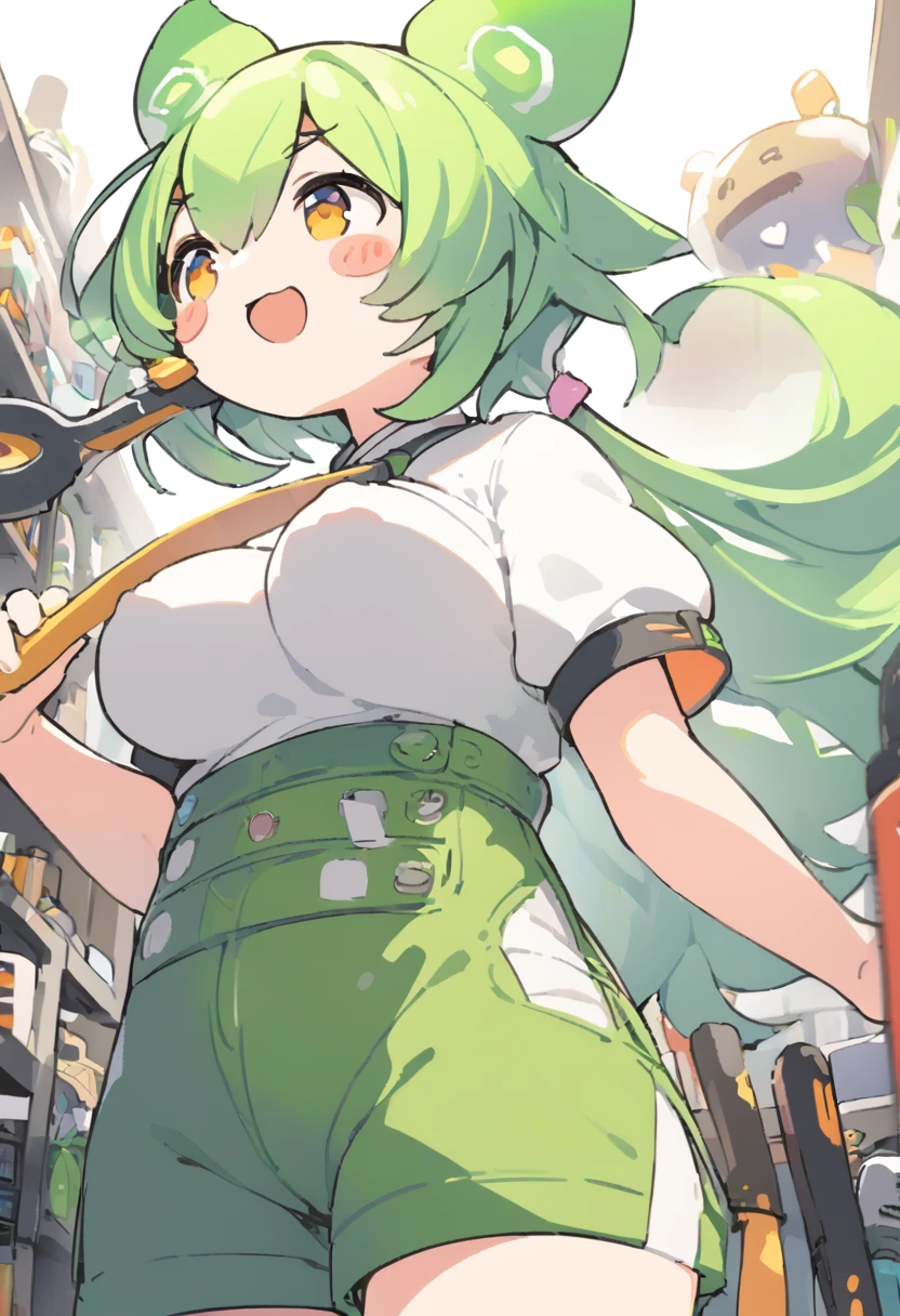 1girl,zundamon,voicevox ,green hair, blush stickers, animal ears,white shirt, short sleeves, long hair, suspender shorts,shorts, puffy sleeves, low ponytail, hair ears, from below, panorama shot, looking to the side, archaic smile, tool Shop, open mouth, masterpiece, best quality,erect nipples, breasts out,