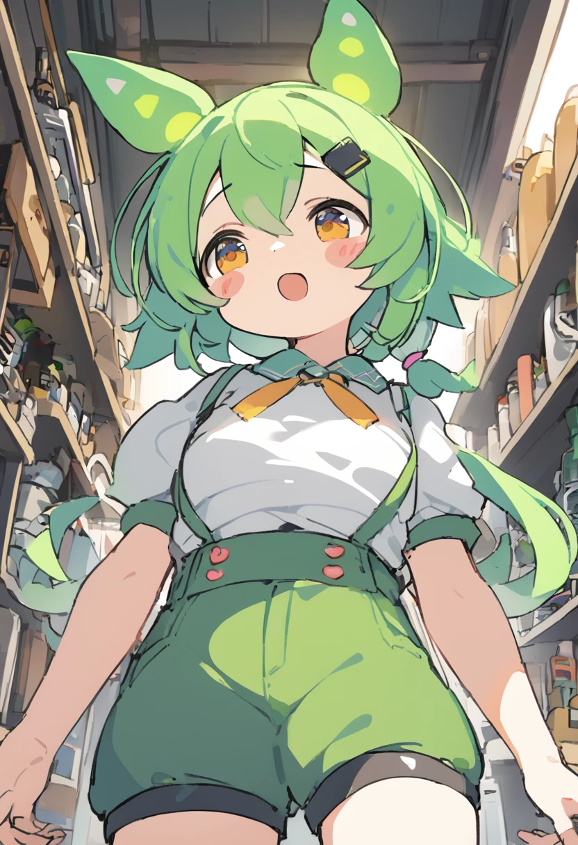 1girl,zundamon,voicevox ,green hair, blush stickers, animal ears,white shirt, short sleeves, long hair, suspender shorts,shorts, puffy sleeves, low ponytail, hair ears, from below, panorama shot, looking to the side, archaic smile, tool Shop, open mouth, masterpiece, best quality,erect nipples, breasts out,