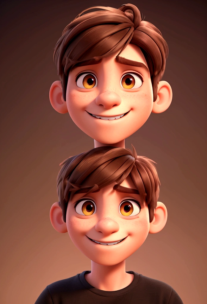 a smiling male with bangs, colorful background, brown hair and eyes, oversized black t-shirt,(best quality,4k,8k,highres,masterpiece:1.2),ultra-detailed,(realistic,photorealistic,photo-realistic:1.37),portrait,studio lighting,vivid colors,professional photography
