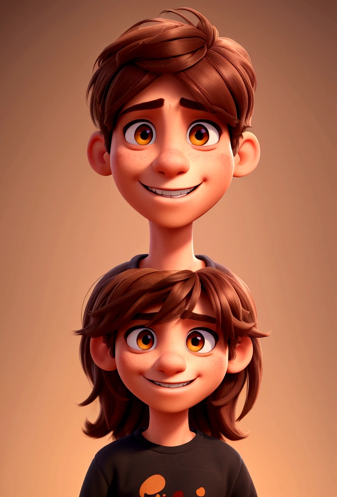 a smiling male with bangs, colorful background, brown hair and eyes, oversized black t-shirt,(best quality,4k,8k,highres,masterpiece:1.2),ultra-detailed,(realistic,photorealistic,photo-realistic:1.37),portrait,studio lighting,vivid colors,professional photography
