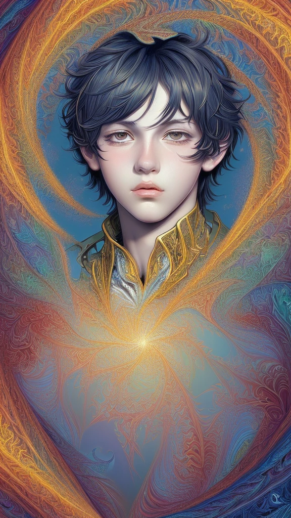 (Ultra-detailed、masterpiece、Highest quality、Highest quality、Anime illustration、Official Art、Beautiful and aesthetic:1.2)、2D beautiful boy、(1 boy:1.3)、(Fractal Art:1.3)