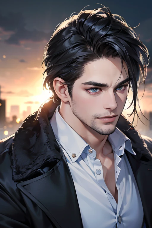 (best quality,4k,8k,highres,masterpiece:1.2),ultra-detailed,(realistic,photorealistic,photo-realistic:1.37),30 year old man,3 day beard,handsome anime,portraits,strong,masculine,dark hair,sharp jawline,mesmerizing eyes,perfectly styled hair,cool anime outfit,confident expression,vibrant colors,dynamic lighting, CEO and expression smile in love.