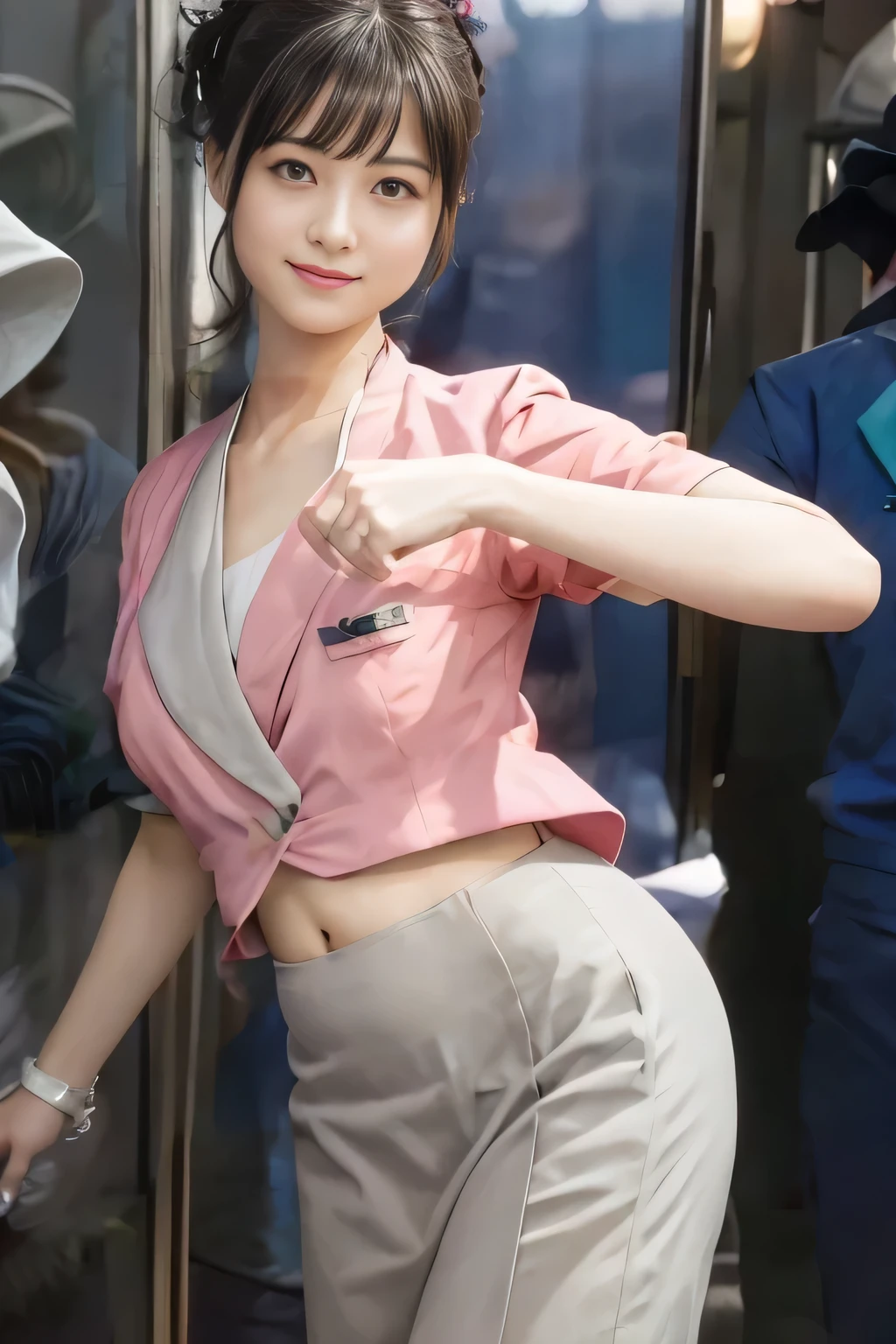Showing your belly button、(masterpiece:1.2, Highest quality:1.2), 32k HDR, High resolution, (alone、1 girl)、 (Height: 160cm)、(On the rooftop of a building in the daytime、Professional Lighting)、Building rooftop background、(Nankai train crew uniform pinkを着たリアルスタイル)、(Nankai train crew uniform pink short sleeve collarless pink jacket、Nankai Train Crew Uniform Pink Collarless Short Sleeve Blouse、Nankai Train Crew Uniform Pink Grey Knee-length Culottes)、(The pink jacket is showing from the culottes.)、Dark brown hair、(Hair tied up、Hair tied up、Evening curly hairstyle)、Dark brown hair、Long Shot、Big Breasts、Thin legs、((Great hands:2.0)),((Harmonious body proportions:1.5)),((Normal limbs:2.0)),((Normal finger:2.0)),((Delicate eyes:2.0)),((Normal eyes:2.0)))、smile、(Nankai Train Crew Uniform Pink Grey Knee-length Culottesを見せた美しい歩く姿)、Place your hands around your stomach