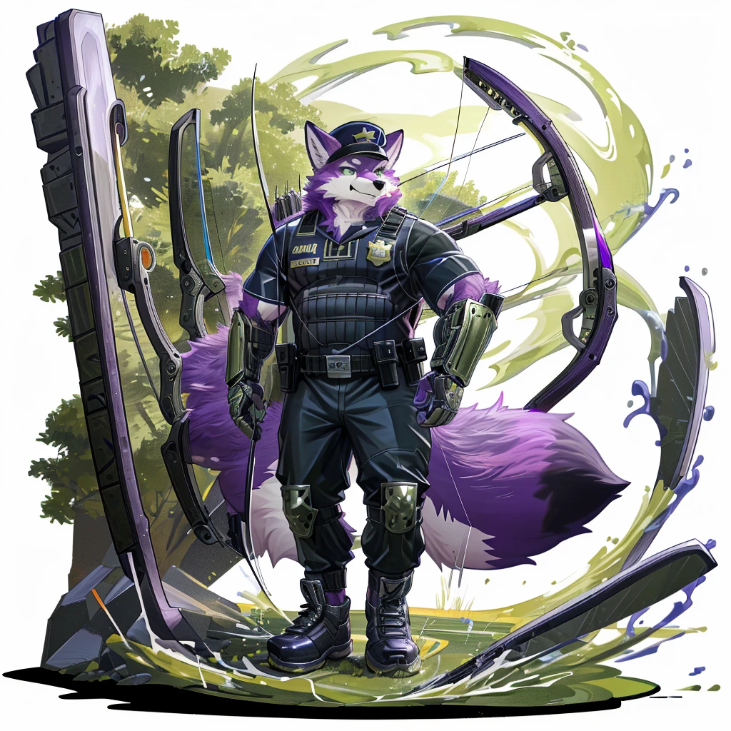 anthro, kemono, male, solo, (((purple fox))), (((purple fur))), purple hair, beard, white eyebrows, detailed green eyes, tall, steel hunting bow, (((archery armor, military hat, police man, black uniform, military shoes, police cap, uniform))), full body, splash art,