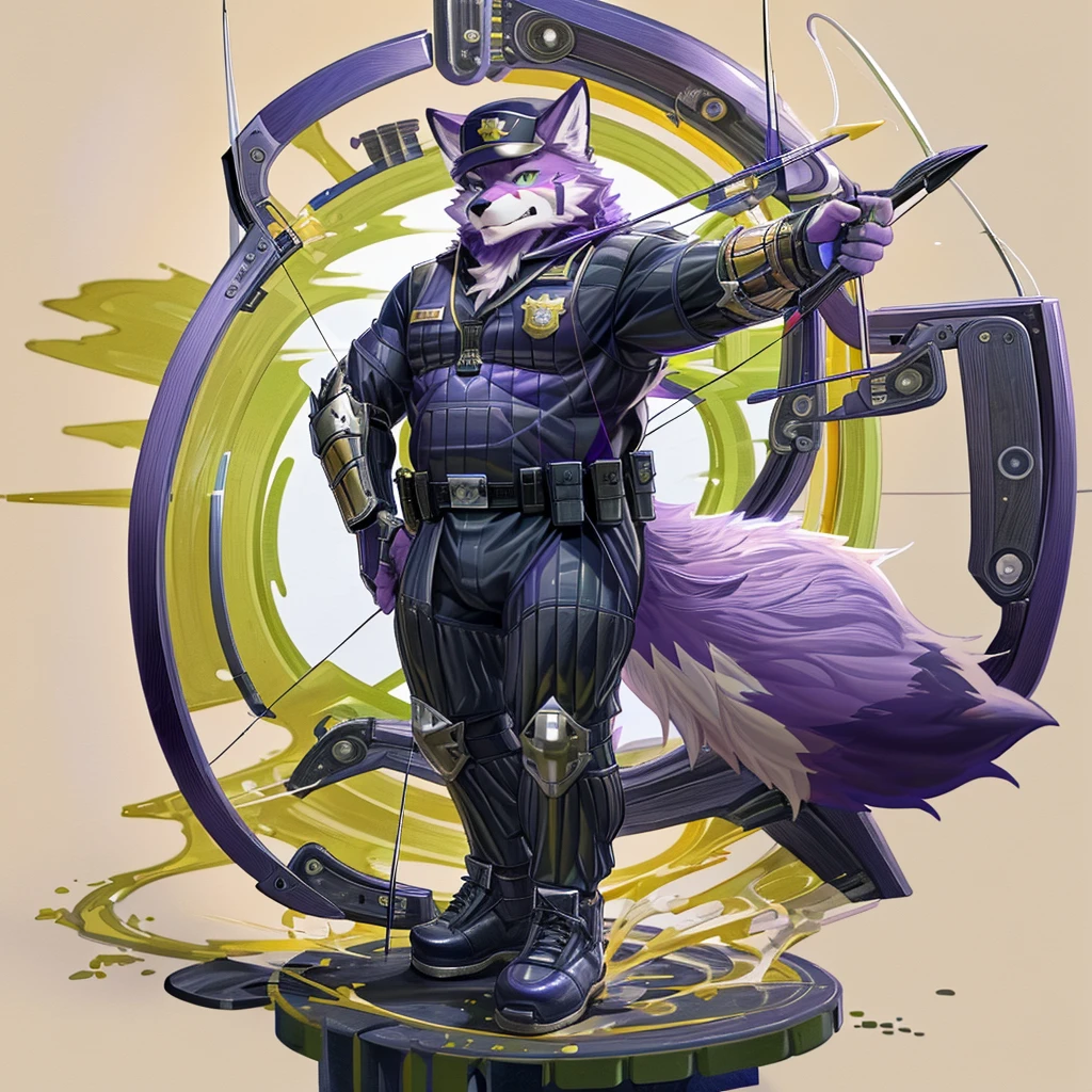 anthro, kemono, male, solo, (((purple fox))), (((purple fur))), purple hair, beard, white eyebrows, detailed green eyes, tall, steel hunting bow, (((archery armor, military hat, police man, black uniform, military shoes, police cap, uniform))), full body, splash art,