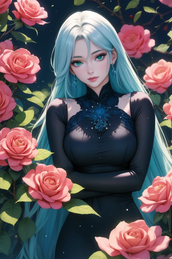 full HD foto realismo Exquisite and charming anime style illustration, Elza frozen fusão com Naruto dark Venom in the rose flower bed, a beautiful girl with green black dark devil hair, mel eyes, half body, hiding in the flowers dark black , colorful and dazzling black . Intricate details, rendering and painting techniques come together to create a mesmerizing scene that evokes elegance and otherworldly elegance.