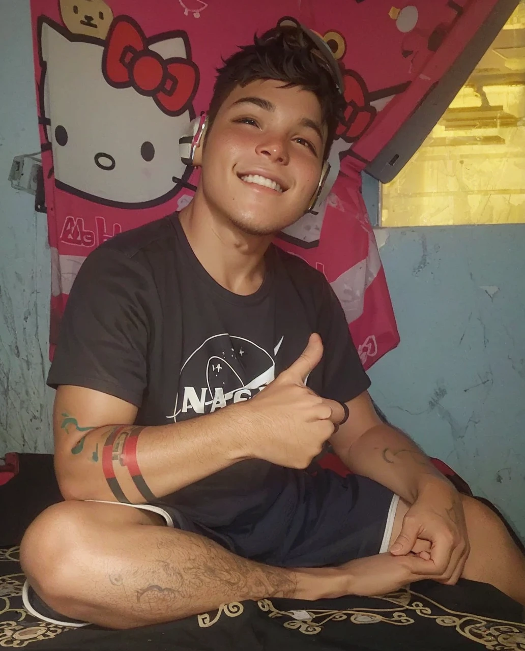 Best quality, 23 year old, black short hair, tatto, ssmile, gaming headset, black jersey, written logo BABY, alone, xbox stick in hand, sitting down, short preto