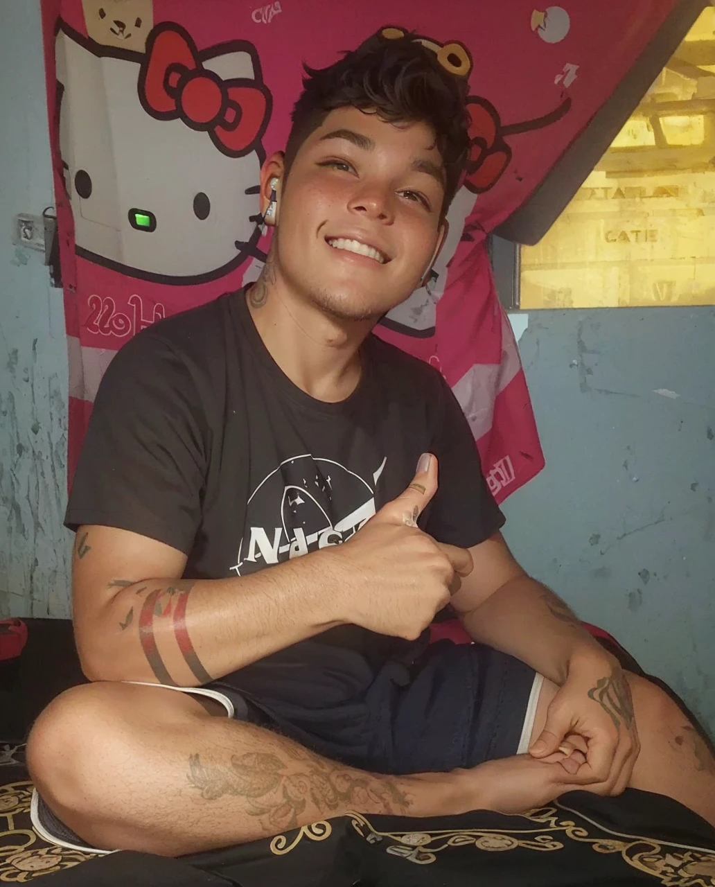 Best quality, 23 year old, black short hair, tatto, ssmile, gaming headset, black jersey, written logo BABY, alone, xbox stick in hand, sitting down, short preto