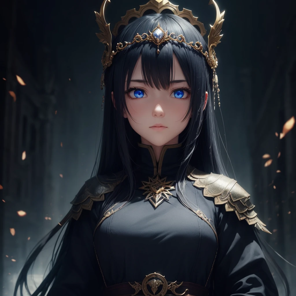 Dark environment and that it is like anime and that it has beautiful designs and an adult girl looking straight ahead with a dragon clothing with a crown on top with 8k or HD designs that is anime and that it has a straight face and blue eyes and everything that it has a bright 8k design