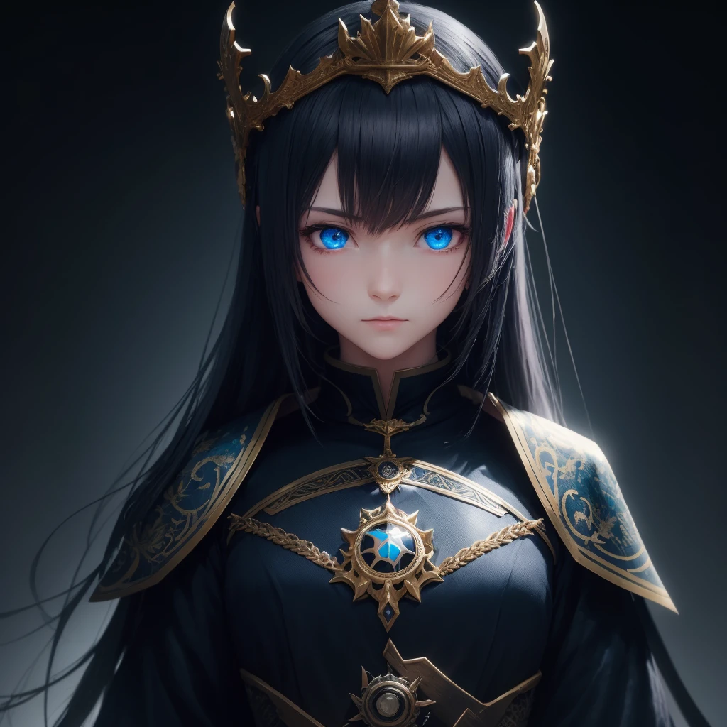 Dark environment and that it is like anime and that it has beautiful designs and an adult girl looking straight ahead with a dragon clothing with a crown on top with 8k or HD designs that is anime and that it has a straight face and blue eyes and everything that it has a bright 8k design