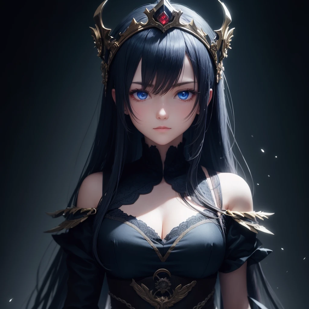 Dark environment and that it is like anime and that it has beautiful designs and an adult girl looking straight ahead with a dragon clothing with a crown on top with 8k or HD designs that is anime and that it has a straight face and blue eyes and everything that it has a bright 8k design