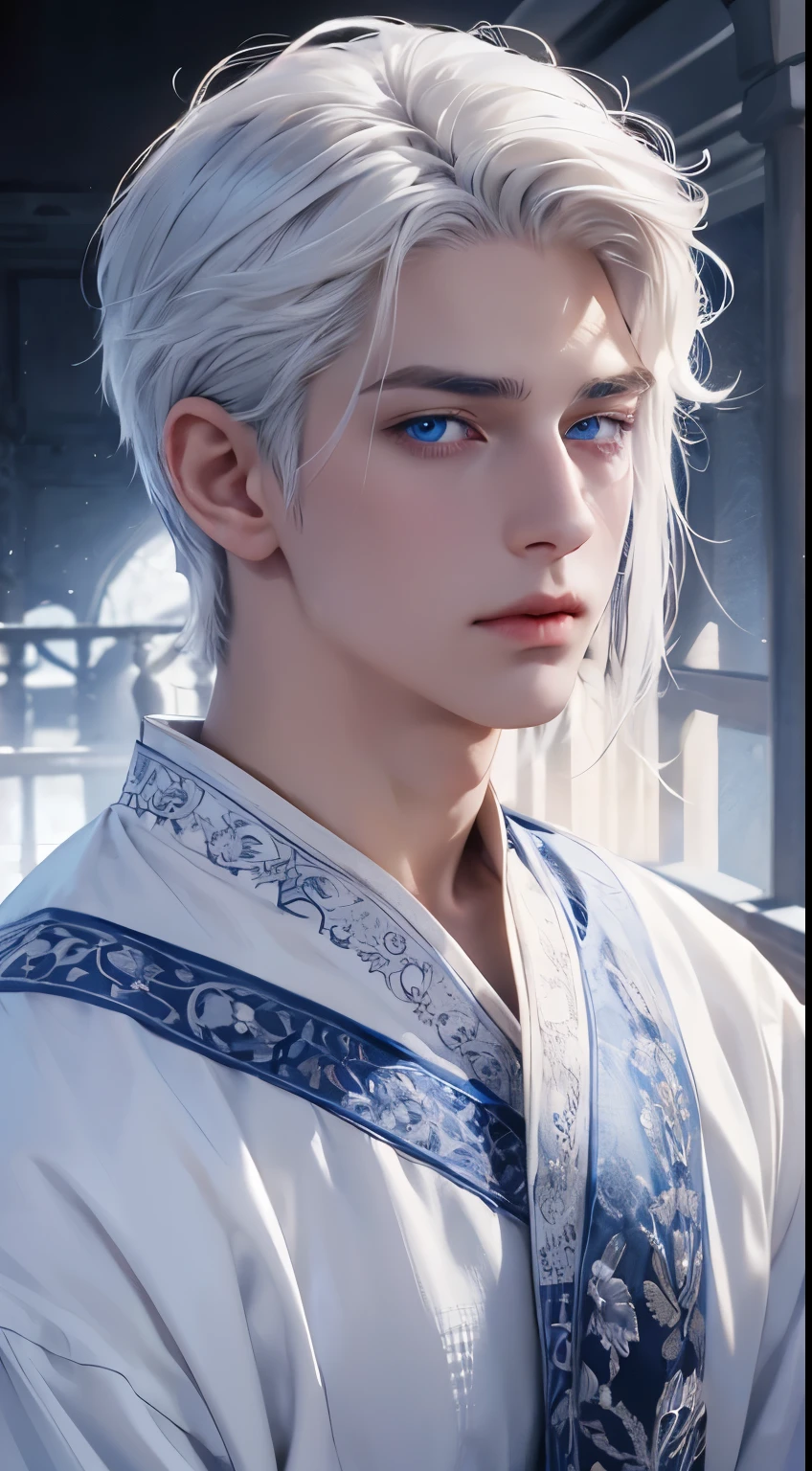 delicate man, 29-years-old, grayish white hair, ice blue eyes, scar on cheek, wears traditional clothes with lace applications, pale hair, beautiful blue eyes.