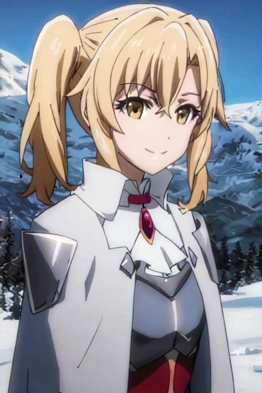 GoblinSlayer, NobleFencer, solo, girl1, looking at viewer, smile, long sleeves, brown eyes, white cape, armor, shoulder armor, portrait, red ascot, snow, outdoor