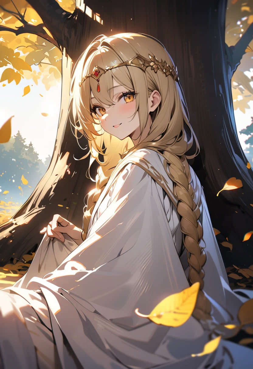1boy, long overflowing blonde hair loosely braided, golden eyes, subtle holy glow, small golden circlet, looking at viewer, smiling, white robes, flat chest, girly boy, gigantic tree with golden leaves background, textured skin, award winning, high details, incredible high-key lighting and shadows, masterpiece, UHD, UHD, UHD, UHD